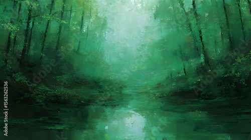 Green woods, different shades of green, Higashiyama Kaii style, stream of consciousness, artistic conception, overlapping, minimalism, hazy, dreamlike, mist, artistic aesthetics, high resolution