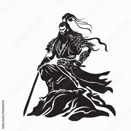 Minimalist Vector Illustration of Chinese God Guan Yu Standing Proudly with Legendary Weapon and Armor