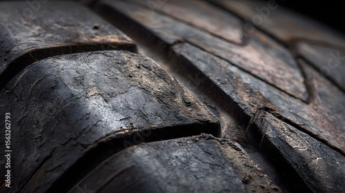Detailed close-up exploration of an aged tire featuring a smooth, used rubber surface marked by fading tread impressions that showcase weathered textures and diminished grip