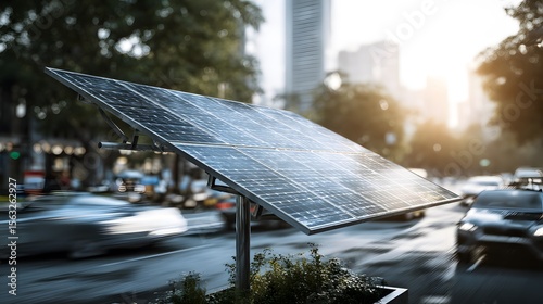 In-depth artistic portrayal of a contemporary urban solar panel installation emphasizing the integration of renewable energy solutions with nature and modern public infrastructure under a clear sky