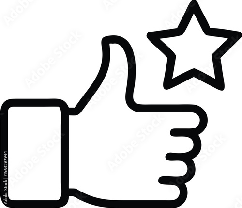 Thumb up gesture with a star, outline style feedback icon illustration