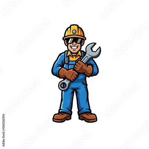 Front Facing Repairman Character Logo, Helmet and Wrench Visible, Cartoon Vector Illustration