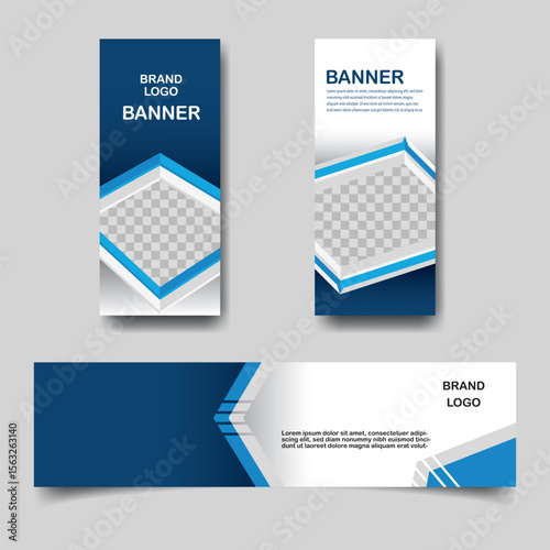 Modern abstract banner templates with geometric blue and white shapes and image placeholders for brand promotion.