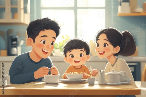 Happy family together. Asian parents eating breakfast with their little son in the kitchen, enjoying quality family time, Generative AI