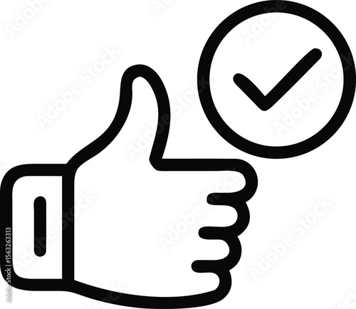 Thumbs up hand gesture with check mark in circle, outline design