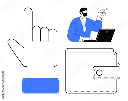 Hand pointing upward, wallet icon, and man at a laptop highlighting financial choices, leadership, decision-making. Ideal for business strategy, finance, savings, management planning investment