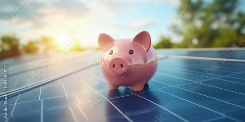 Piggy bank placed on solar panels during sunset showing the relationship between finance and renewable energy