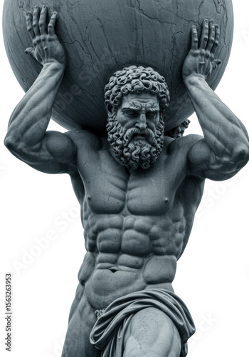 An ancient greek mythological statue of a powerful, muscular atlas or hercules straining to carry the world, pained yet determined expression, desaturated with blue tint, isolated on white background