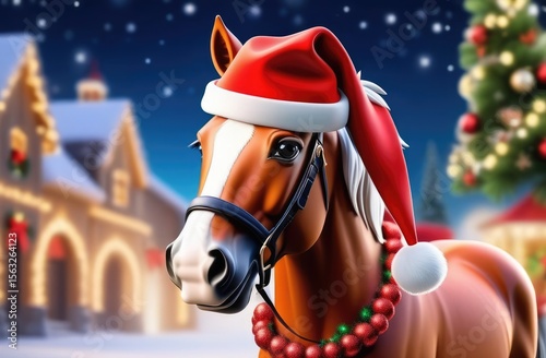 horse in a Santa hat on winter background. Happy New Year 2026 Card