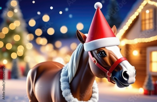 horse in a Santa hat on winter background. Happy New Year 2026 Card