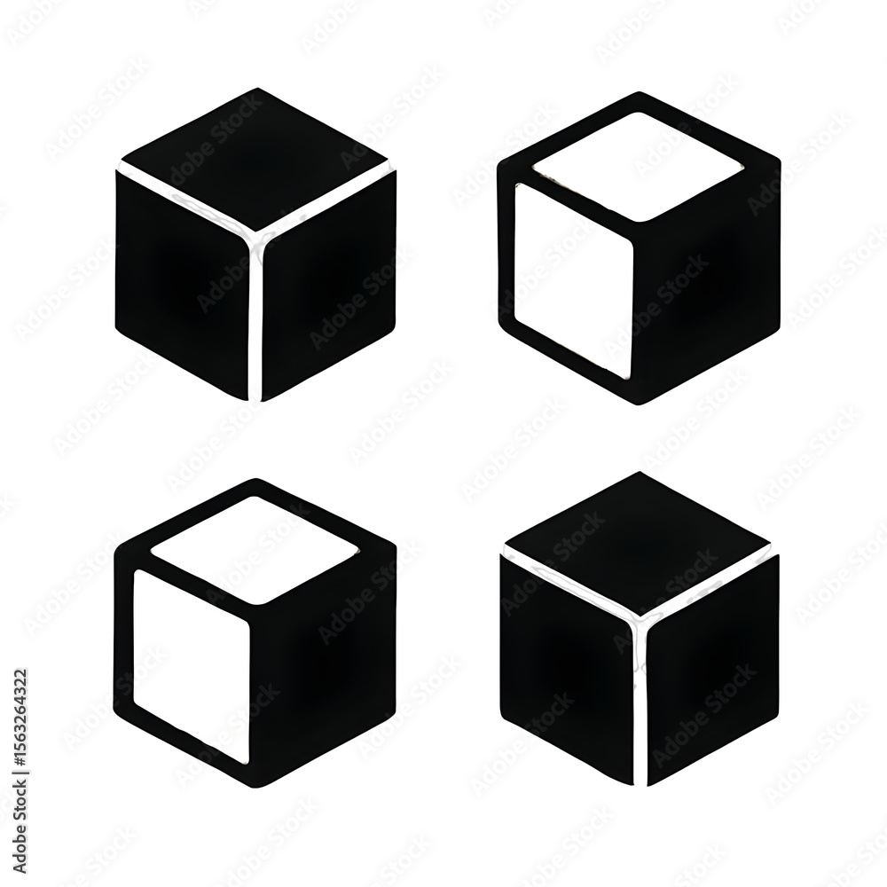Fototapeta premium Four black cubes with bright edges & faces floating against a black backdrop for abstract design usage