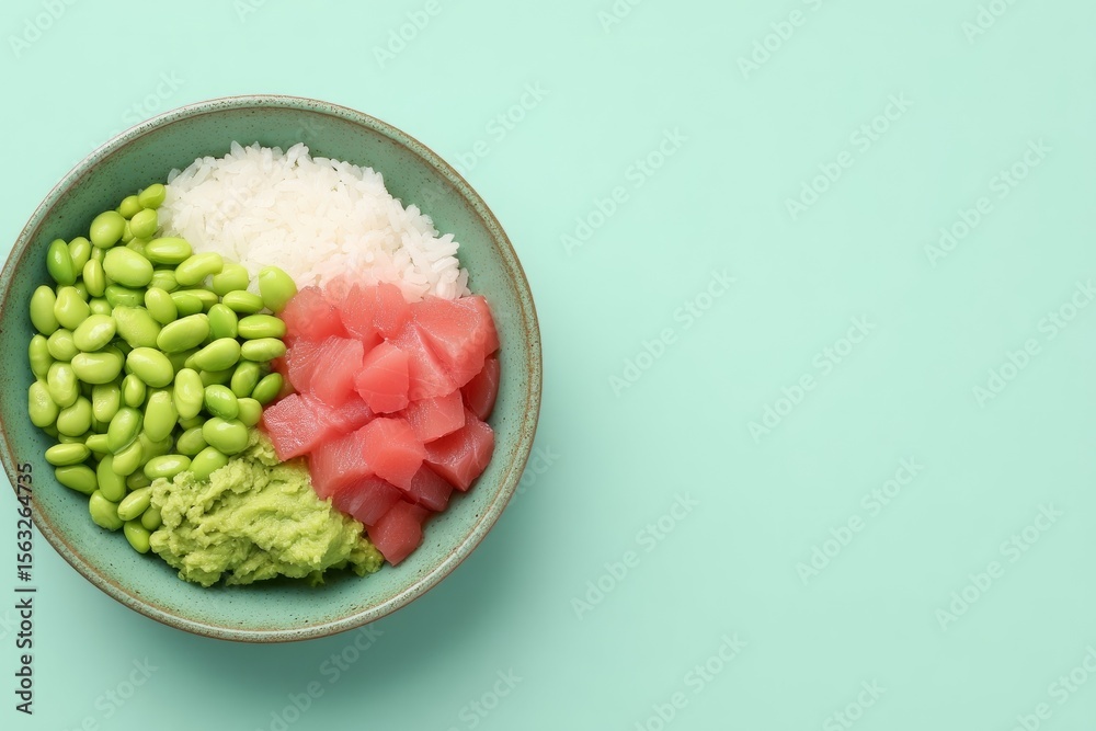 Edamame, rice, and vibrant tuna cube harmony in a bowl, embracing Ocean Day tranquility and Japanese Hanami tradition Edamame, rice, and vibrant tuna cube harmony in a bowl, embracing Ocean Day tranquility and Japanese Hanami tradition
