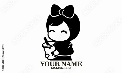 Cute hijab drink girl logo, cute hijab drink girl vector illustration and happy girl in hijab enjoying bubble vector illustration