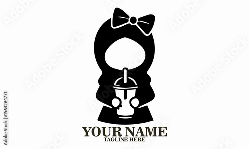 Cute hijab drink girl logo, cute hijab drink girl vector illustration and happy girl in hijab enjoying bubble vector illustration