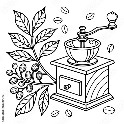Coffee Grinder with Coffee Beans and Leaves A Detailed Black and White Line Art Illustration