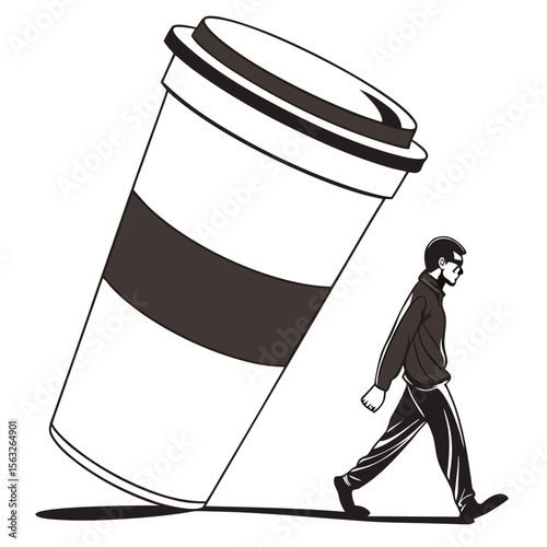 Oversized Coffee Cup and Man Walking A Conceptual Illustration of Caffeine Dependence and Modern Lifestyle