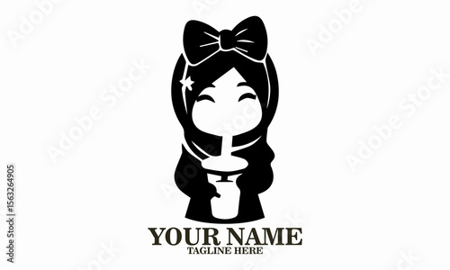 Cute hijab drink girl logo, cute hijab drink girl vector illustration and happy girl in hijab enjoying bubble vector illustration