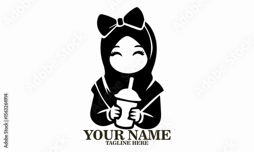 Cute hijab drink girl logo, cute hijab drink girl vector illustration and happy girl in hijab enjoying bubble vector illustration