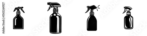 A modern silhouette of a minimal spray bottle is set against a white background and filled with black