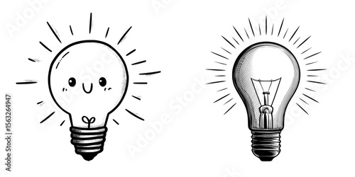 The concept of an idea is visually represented by a modern lightbulb icon, complete with extending rays, all set against a minimalist black and white backdrop and boasting an editable stroke