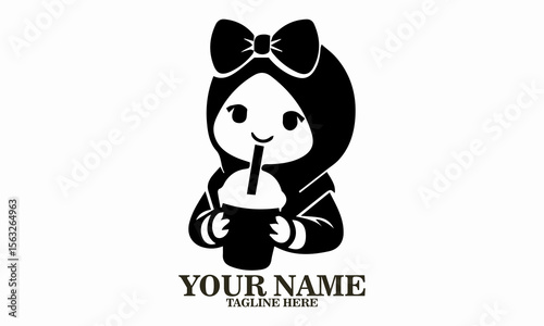 Cute hijab drink girl logo, cute hijab drink girl vector illustration and happy girl in hijab enjoying bubble vector illustration