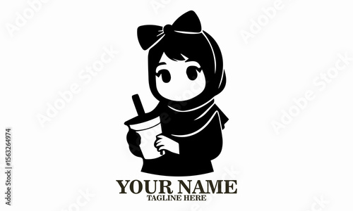Cute hijab drink girl logo, cute hijab drink girl vector illustration and happy girl in hijab enjoying bubble vector illustration