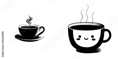 The silhouette of a hot cup of coffee is depicted in black and white in this modern illustration