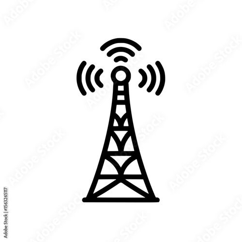 This simple black and white icon of a communication tower emitting signal waves is a symbol of wireless connectivity and broadcasting technology