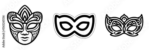 A black outline style masquerade mask icon is depicted on a white background
