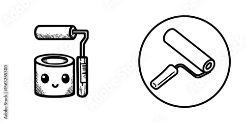Paint roller outline icon paired with a paint can, presented in a simple black and white design suitable for DIY projects