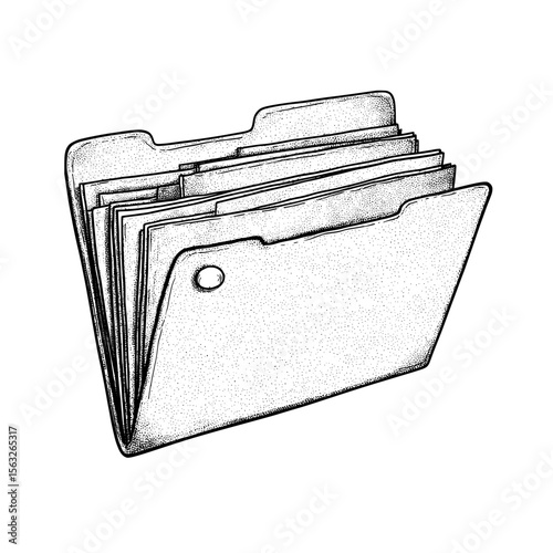 The image is a hand-drawn black and white sketch of an open folder