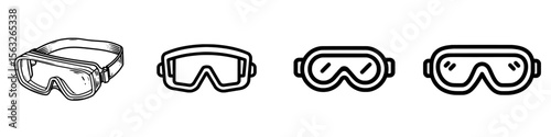 Icon of safety goggles presented in a black and white outline style