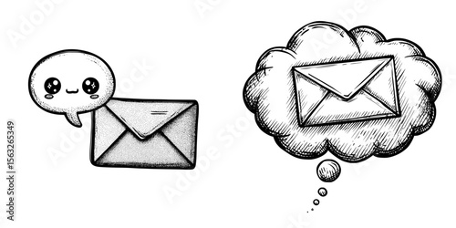 A speech bubble containing a black and white mail sign icon symbol