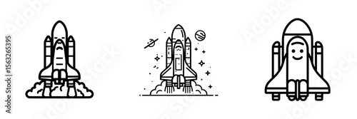 Modern illustration of a space shuttle icon in outline style, with editable stroke