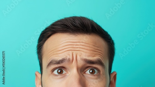A close-up of a man's forehead and eyes showing raised eyebrows and wrinkles, expressing confusion or concern against a teal background.