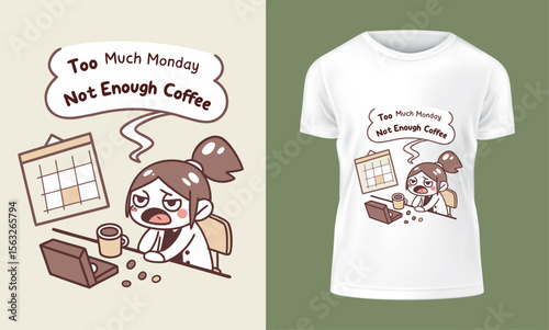 Humorous T shirt Design Featuring a Cartoon Woman Complaining About Monday and Needing More Coffee