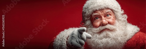 Santa Claus with a joyful expression pointing in a festive setting at Christmas time