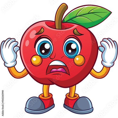 An apple character with a worried expression, raising hands in a concerned gesture