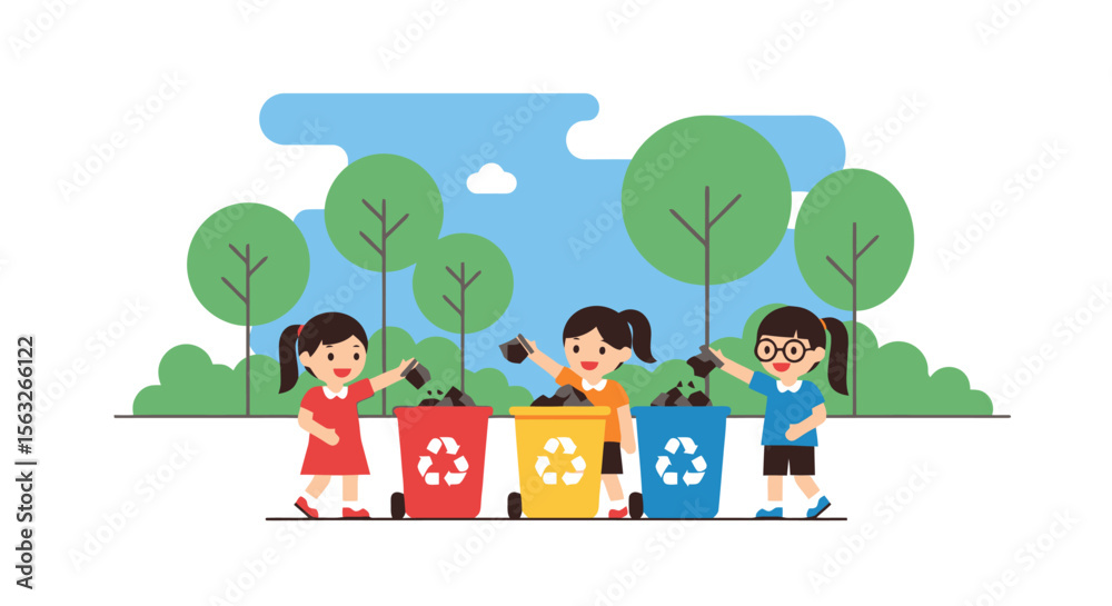 Obraz premium Children Sorting Waste for Recycling in Park Illustration