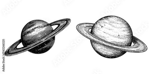 A minimal style depiction of a ringed planet, similar to Saturn, is shown in black and white illustration