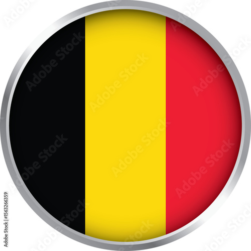 3D circular icon of Belgium national flag with vertical black, yellow, and red stripes and metallic border

