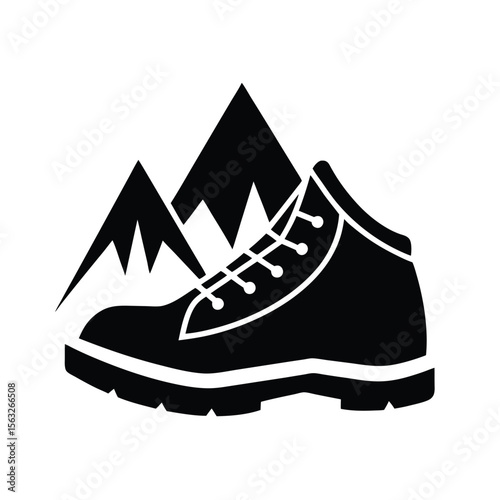 Black silhouette illustration of a hiking boot and mountain peaks representing outdoor adventure and exploration