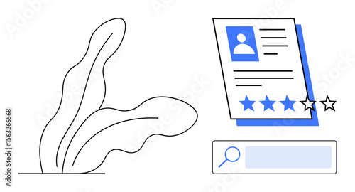 User profile with photo, details, and rating stars alongside a search bar and abstract plant. Ideal for recruitment, feedback, rating system, user analysis, talent search, HR tools simple landing