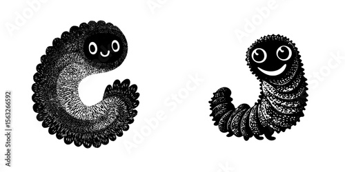 Black and white hues bring to life a stylized caterpillar or worm with a one-of-a-kind shape and texture in an abstract illustration