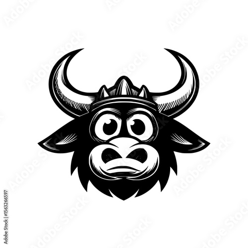 The logo features a stylized horned character with an intense expression, presented in a minimalist black and white modern design suitable for branding