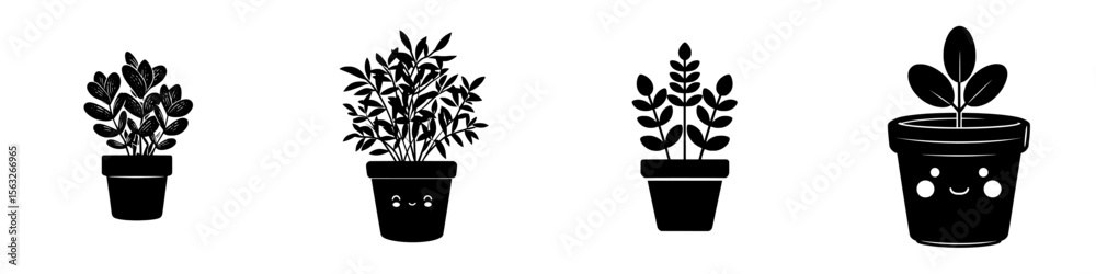 Obraz premium A solid black silhouette of a potted plant icon on a white background is presented