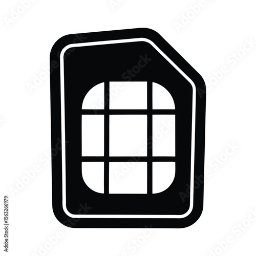 Black silhouette illustration of a sim card isolated on a white background representing technology