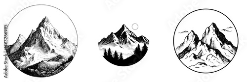 The sharp outline of a mountain serves as a modern icon, depicted in a simple yet striking black and white design featuring rocky peaks