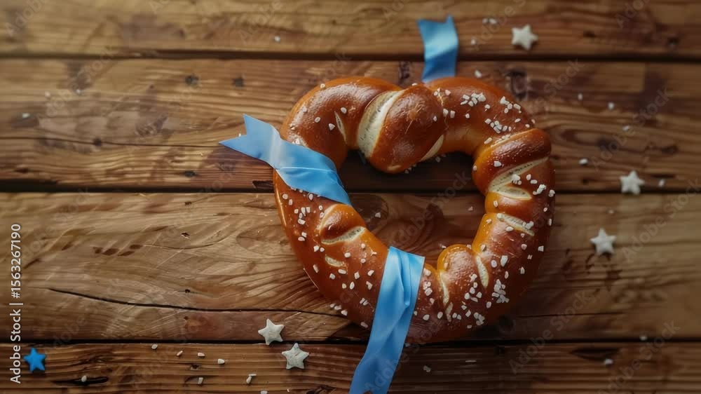 Freshly baked pretzel tied with a blue ribbon on a rustic wooden table, perfect for snacking or as a gift