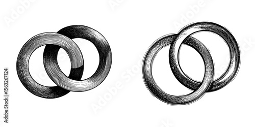 An abstract illustration of two rings that intersect, in black and white graphic design